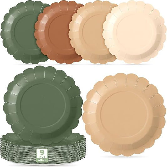 60 Pcs Woodland Paper Plates 9 Inch Green and Brown Scalloped Disposable Round Dessert Paper Plates Party Decoration for Birthday Baby Shower Wedding