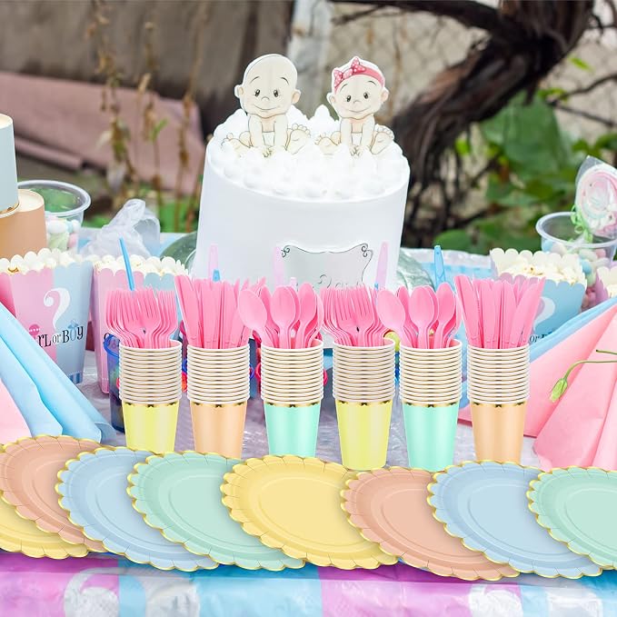 Yaomiao 168 Pcs Pastel Scalloped Paper Plates Cups Napkin with Gold Foil Pastel Disposable Dinnerware Set Easter Party Supplies Serve 24 Guests Princess Birthday Party Baby Shower Decorations