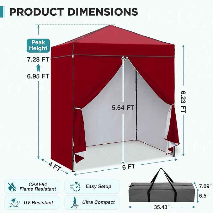 EAGLE PEAK 6x4 Instant Pop Up Canopy Tent with 4 Side Wall Panels, Straight Leg Sun Shelter, Portable Canopy with Carry Bag for Camping, Beach & Sports, Burgundy