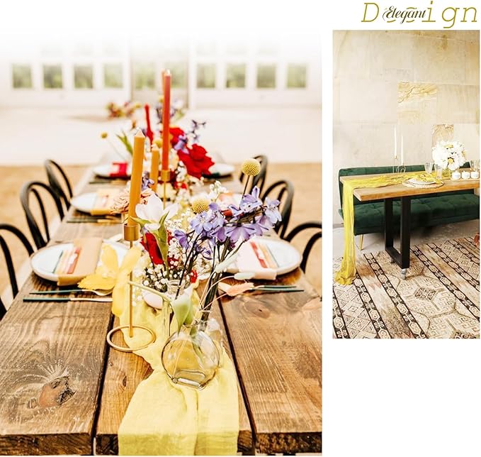 Showgeous 10 Pack Light Yellow Cheesecloth Table Runner, 10FT Long Semi-Sheer Boho or Rustic Gauze Table Runner Wedding Table Decor for Wedding Decor Arch Draping Bridal Shower Holiday Party