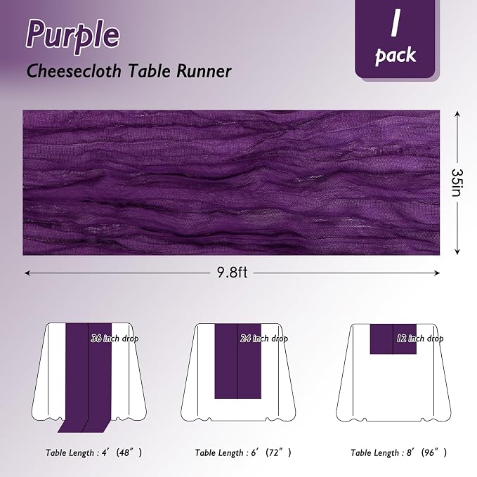 8 Pack Purple Cheesecloth Table Runner 120 Inch 10FT Gauze Cheese Cloth for Birthday Party, Banquet, Theme Party, Wedding Decoration