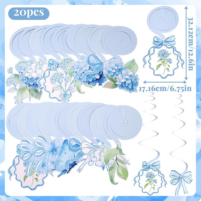 Blue Party Decorations, Blue Hydrangea Flower & Bow Themed Party Decorations, with 3 Pre-strung Flower Banners and 20 Hanging Swirls for Women Girl Birthday, Baby Showers, Bridal Showers, Birthdays, Tea Parties