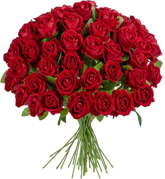 19.6" Artificial Flowers Roses Touch Fake Rose Bouquet Flower Stem for Wedding Centerpieces DIY Wreath Home Decorations Silk Roses Mothers Party Fake Outdoor Flowers Decor(50PCS Red)