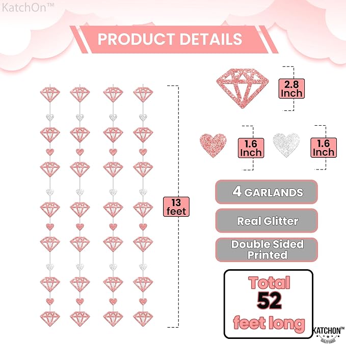 KatchOn, Giant Bride Balloons Rose Gold - 40 Inch | Rose Gold Diamond Garland - 13 Feet | Rose Gold Bride Balloons for Bridal Shower Decorations | Bridal Shower Banner, Bachelorette Party Decorations