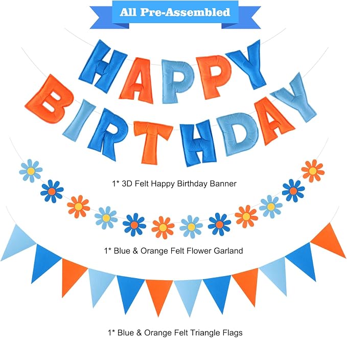 YEOCU Happy Birthday Decorations, No DIY, Pre-Strung 3D Banner | Blue & Orange, 3D felt banner, flower garland & flags. No DIY, reusable for kids & women.