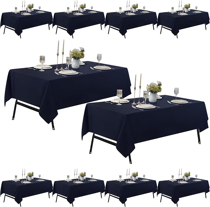 10-Pack 60x102 inch Navy Blue Table Cloths, Solid Stain and Wrinkle Resistant Oblong Tablecloth, Premium Plain Weave Polyester Fabric Rectangle Table Linen Covers for Hotel, Wedding