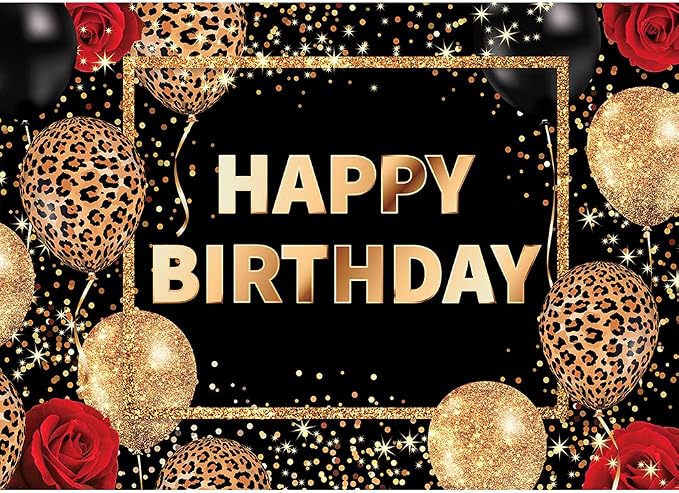 Leopard Print Happy Birthday Backdrop Black Gold Red Cheetah Print Banner for Woman Men Polyester Fabric 7Wx5H Balloon Rose Cool Party Celebration Photography Background Photo Shoot Props