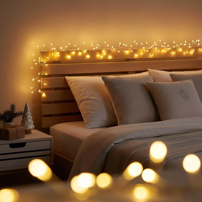 QBIS 400 LED Cluster Lights on Silver Wire. Warm White Fairy Lights Plug in, 16.5ft Christmas Lights for Christmas Tree and Fireplace Mantel. Indoor Outdoor Firecracker Light String.