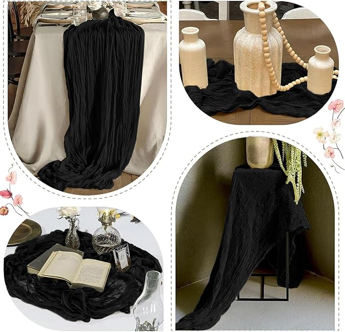 25 Pack Black Cheesecloth Table Runner 17 x 108 Inch Gauze TableRunner Fabric Semi Sheer Cheese Cloth Table Runner Bulk for Rustic Romantic Wedding Baby Shower Table Decoration