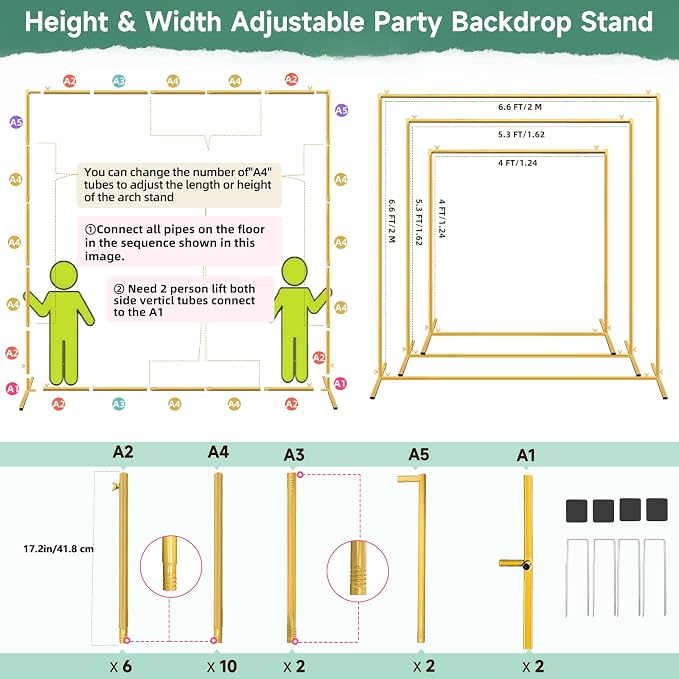 Wedding Arch Backdrop Stand Square 6.6x6.6FT Gold Balloon Arch Stand Garden Arbor Backdrop Frame for Wedding Party Birthday Baby Shower Photo Booth Background Decoration