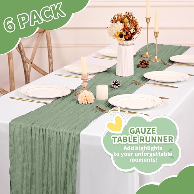 6 Pack Sage Green Table Runner, Cheesecloth Table Runner Long Romantic Semi Sheer Rustic Boho Gauze Table Runners for Wedding Bridal Shower Birthday Party Decorations(17.7×108 Inch)