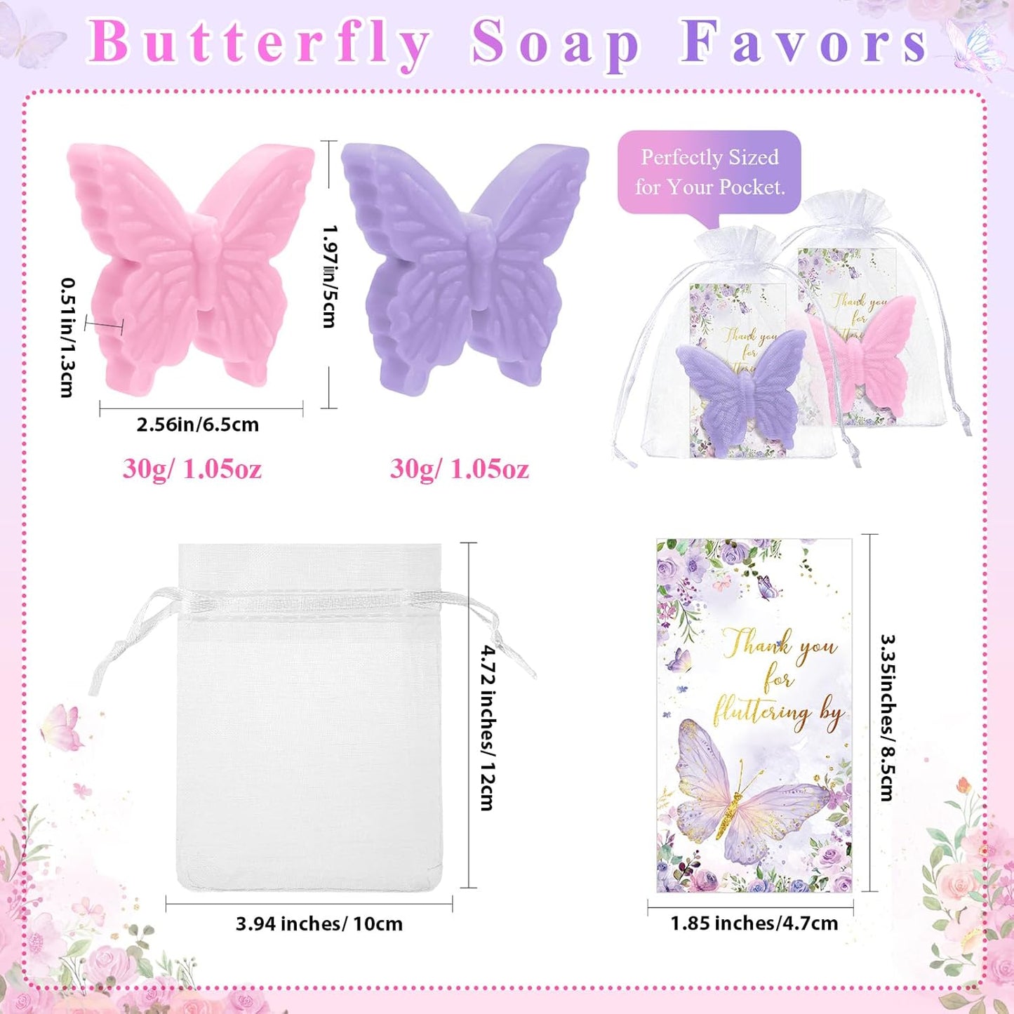 Dunzy 30 Sets Butterfly Theme Baby Shower Favors for Guests Butterfly Soap Favors with Thanks You Cards Gift Bags Gender Reveal Baptism Party Decorations Wedding Bridal Souvenirs (Purple,Pink)