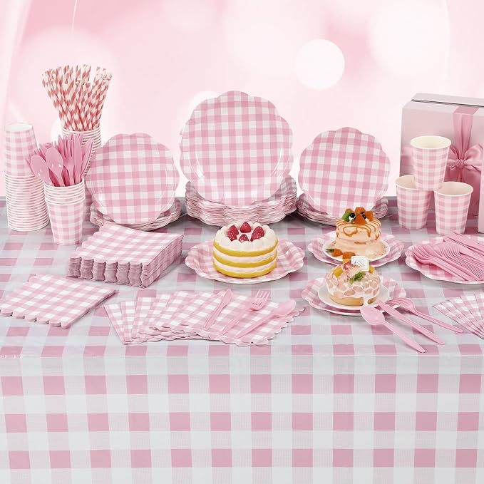 Funnymoom 452 Pcs Pink Gingham Party Supplies for 50 Guests, Pink Gingham Paper Plates Napkins Cup Tablecloth Disposable Tableware for Wedding Bridal & Baby Shower Party BBQ Picnic Birthday Decoration
