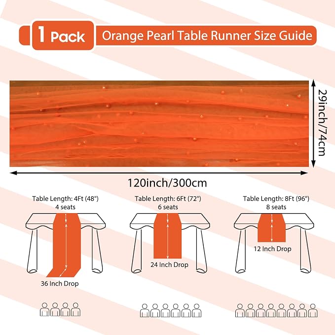 Set of 1 Pearl Table Runner 10ft, 29 * 120 Inch Orange Table Cloth Pearl Sheer Tulle Table Cover,Pearl Table Runner for Wedding Party Baby Shower Birthday Home Decor