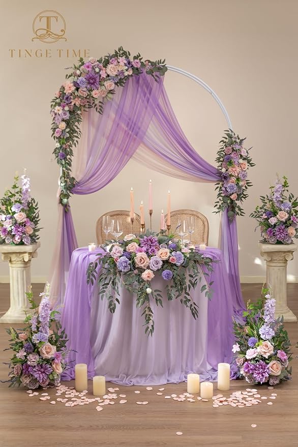 TINGE TIME Artificial Sweetheart Flower Swag with Tablecloth and Table Runner, Pack of 3 Floral Arrangement for Wedding Sweetheart Table Centerpiece Decoration (Violet & Misty Rose)