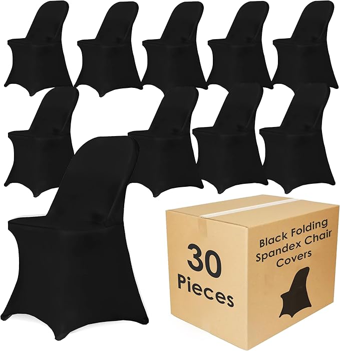 Craft And Party 30 Pack Black Spandex Folding Chair Covers, Stretch Polyester Slipcovers for Wedding, Party & Dining Chairs – Flat Front Design, Universal Fit