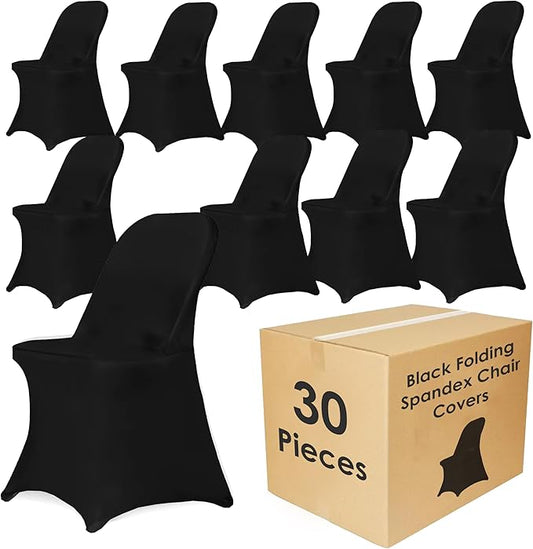 Craft And Party 30 Pack Black Spandex Folding Chair Covers, Stretch Polyester Slipcovers for Wedding, Party & Dining Chairs – Flat Front Design, Universal Fit