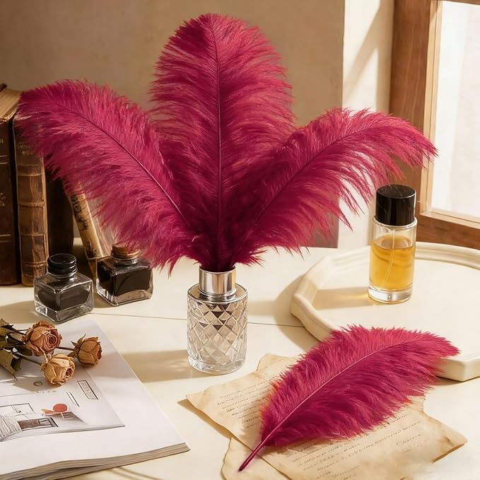 10pcs Natural Ostrich Feather Craft 16-18inch(40-45cm) Plume for Wedding Centerpieces Home Decoration DIY（WineRed, 10Pcs 16-18inch)
