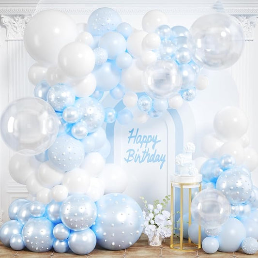 Blue Balloon Arch Kit 177Pcs Blue and White Balloon Arch Kit with Double Stuffed Pearl Balloons Clear Pearl Stickers for Wedding Birthday Bridal Shower Engagement Baby Shower Party Decorations