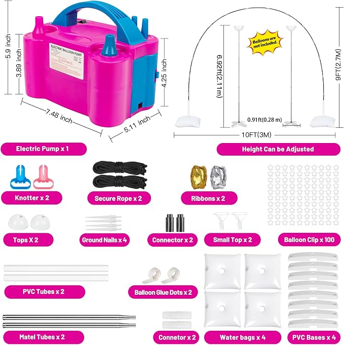 Balloon Arch Kit and Metal Balloon Column Stand and Electric Balloon Pump, Adjustable Balloon Stands for Floor with Water bags, Balloon Kit for Wedding Birthday Party Supplies Decoration