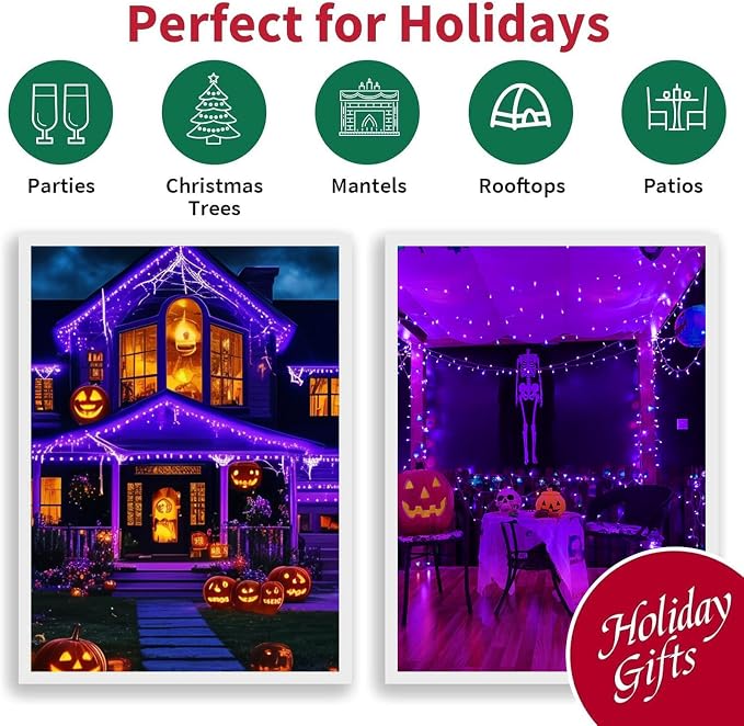 LAMPHOME 99ft 300LED Light Purple String Lights, Clear Wire 16 Modes LED Halloween Lights, Waterproof Indoor Outdoor Purple Christmas Lights Plug in, Halloween Bedroom Garden Party Decor