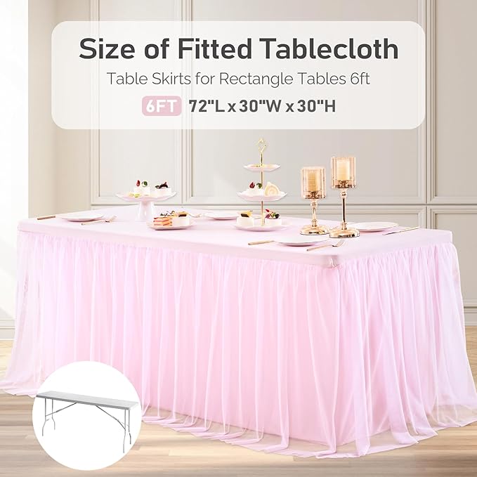 Pink Tablecloth for 6 Foot Rectangle Tables, Pink Tulle Table Skirt for Baby Shower Ruffle Tutu Table Cloths Skirt Stretch Fitted Table Covers for Wedding Girl's Birthday Princess Themed Parties