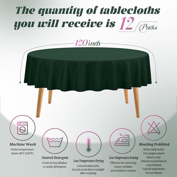Teruntrue 12 Packs Hunter Green Round Tablecloths 120 inch Round Table Cloth, Washable Polyester Fabric for Wedding Parties Banquet Holiday Dinner Table Decorative, Hunter Green