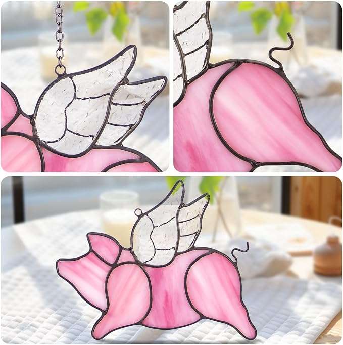 Flying Pig Suncatcher, Stained Glass Window Hanging Decor, Handmade Gift for Pig Lovers Women Mom - Funny Animal Party & Nursery Decoration