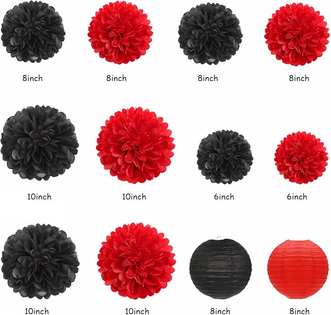 Black-Red 2026 Class-Congratulations Graduation Party-Decorations - 22pcs High School College Grad Prom Supplies Decor, Tissue Pom Poms Streamers, Paper Flowers Lanterns Hugmoon