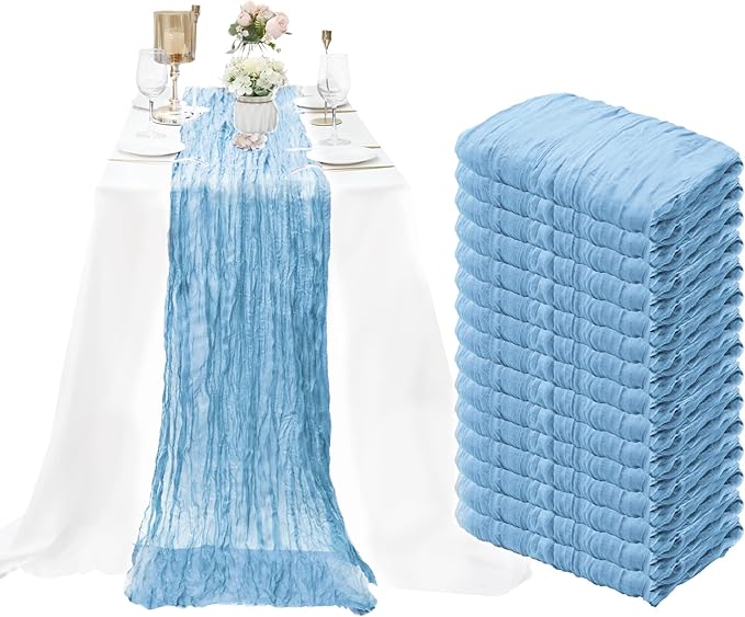 15 Pack Baby Blue Cheesecloth Table Runner 10Ft Gauze Cheese Cloth Table Runner 35x120Inch Boho Table Runners for Wedding Birthday Party Anniversary Engagement Bridal Baby Shower Reception Table Décor