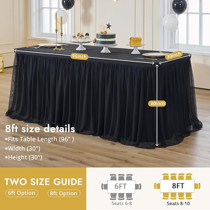 4-Pack Black Tulle Tablecloth for 8 Ft Rectangle Tables – Elastic Spandex Table Cover with Tutu Skirt, Wrinkle Free for Wedding, Birthday Party, Banquet Buffet, Craft fairs