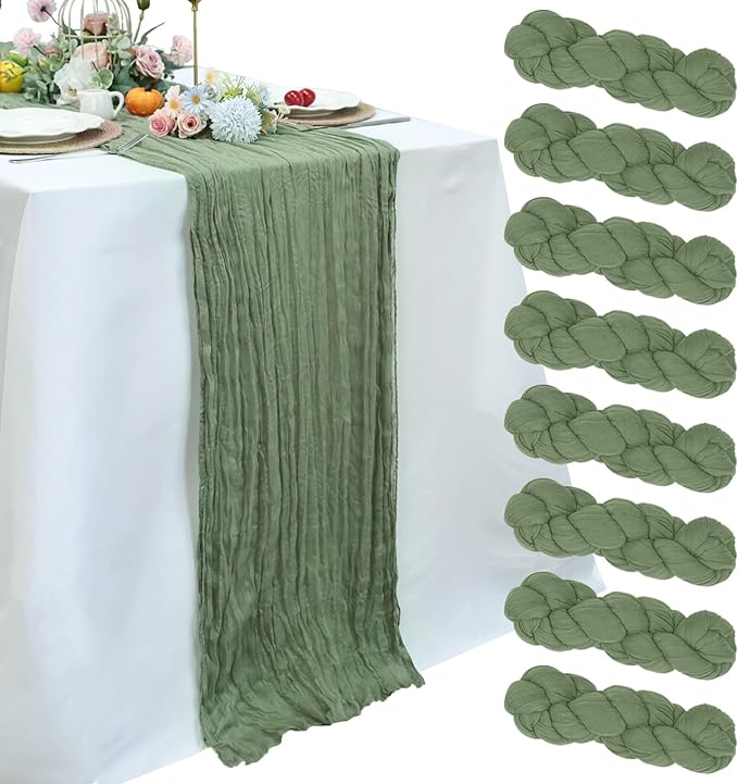 8 Pack Sage Green Cheesecloth Table Runner 10ft Boho Gauze 120 Inch Cheese Cloth Table Runner Rustic Sheer for Spring Holiday Baby Shower Party Décor Home Wedding Decoration