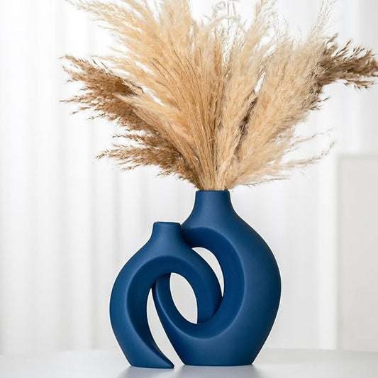 Lvases Snuggle Hollow Ceramic Flower Vase Set 2, 8.4" H Matte Navy Blue | Nordic Boho Home Decor Modern Aesthetic Ins Style Living Room Coffee Table Centerpieces Pampas Grass Decorative Display