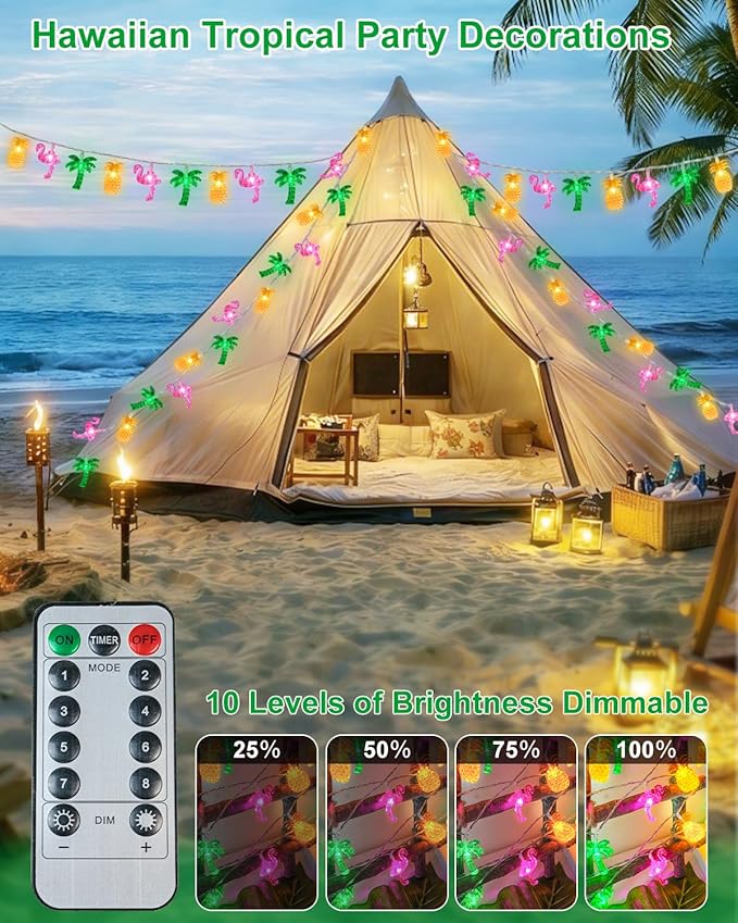 50 LED 25ft Summer Hawaiian Beach String Lights Outdoor with Remote, Flamingo Pineapple Palm Tree Fairy Twinkle Lights Battery Operated with 8 Modes & Timer for Tropical Party Beach Pool Decorations
