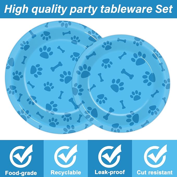 96pcs Dog Paw Prints Party Plates Napkins Dog Paw and Bone Sign Tableware Puppy Pawty Print Dinnerware Disposable Paper Plates for Kids Boy Girl Lets Pawty Birthday Baby Shower Party supplie 24 Guests