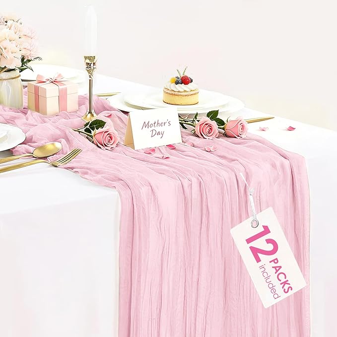 12 Pack Light Pink Table Runner Cheesecloth, Summer Rustic Sheer Gauze Table Runner 35x120 Inch for Wedding Baby Shower Bridal Shower Party Home Decorations