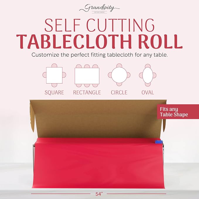 Grandipity Plastic Tablecloth Roll - 54in x 300 Ft. Red Plastic Table Cloths for Parties Disposable with Cutter Box - Cut to Size Disposable Tablecloth Table Cover for Rectangle & Round
