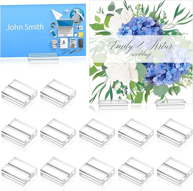 Yalikop Acrylic Place Card Holders 1.2 Inch Name Card Holder Stands Clear Table Number Stands Wedding Sign Holders Display Stand for Table Wedding Photos Office Menu Meeting(12 Pieces)