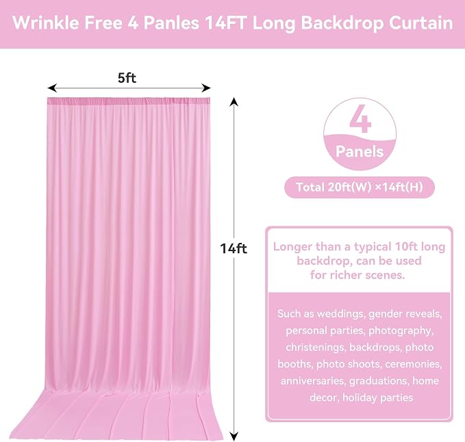 20ftx14ft Baby Pink Backdrop Curtains for Wedding-Wrinkle Free Backdrops Curtain Drapes Fabric Decorations Photo Back Drop Cloth for Baby Shower Photography Stage Reception 14Panels 14ft(H) x 5ft(W)