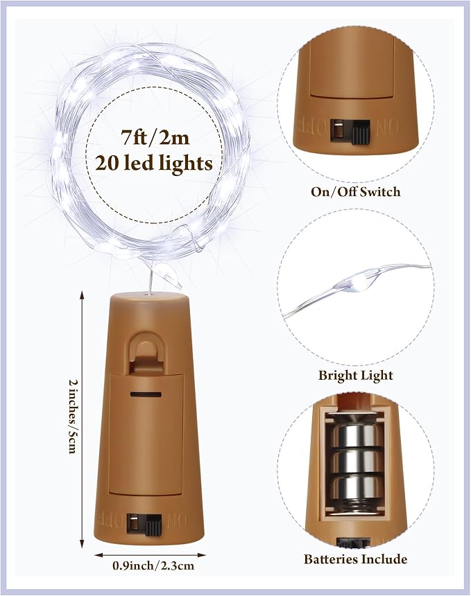 Hortsun 40 Pack Wine Bottle LED Lights with Cork Fairy Mini String Lights Battery Operated Mini Waterproof 7 ft Silver Wire 20 LED Cork Shape for Valentines, DIY, Party, Decor, Wedding (Cool White)