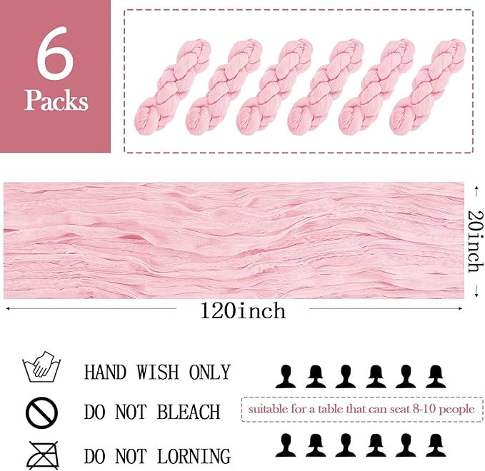 6 Pack Light Pink Cheesecloth Table Runner 20 x 120 inch Gauze Table Runners 10 FT Long,Semi Sheer Boho Cheese Cloth Fabric Table Runner Bulk for Wedding,Party,Baby Shower,Bridal Shower Decoration