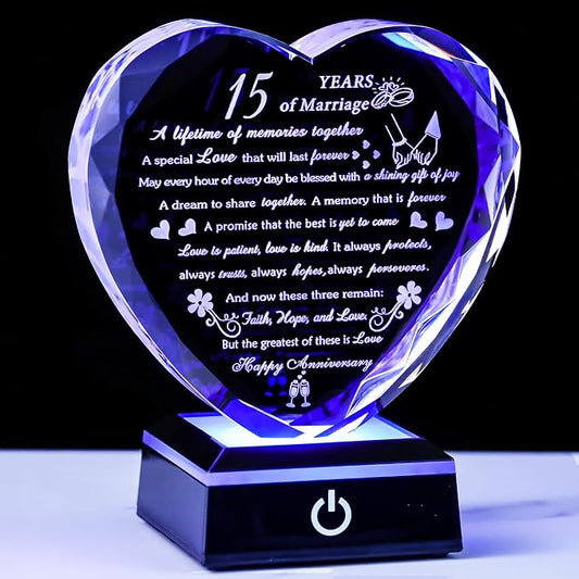 15th Wedding Anniversary Crystal Gifts for Couples with Colorful LED Base,Happy 15th Wedding Anniversary Keepsake Gifts for Her Him, Romantic 15 Years of Marriage Heart Gift for Wife Husband