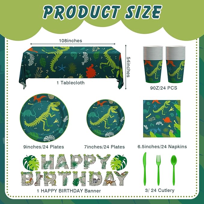 Cecnamt Dinosaur Birthday Decorations, 170 Pcs Dinosaur Party Supplies Including Banner, Plates, Cups, Napkins, Cutlery and Tablecloths, Serves 24