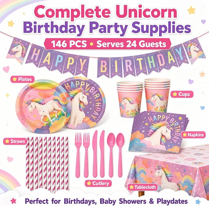 Unicorn Birthday Party Supplies, 146 PCS Rainbow Party Decorations Tableware Kit Serves 24 Guests with Plates, Cups, Napkins, Banner, Cutlery, Tablecloth & Straws for Kids Girls Boys