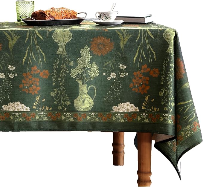 ISAENNE Designer Linen Green Rectangular Tablecloth,79"x55"-Nocturne | Vintage Elegant Table Cloth Rectangle Table,Floral Pattern,Decoration,Heavyweight,Dining,Kitchen,Tea Party,Thanksgiving