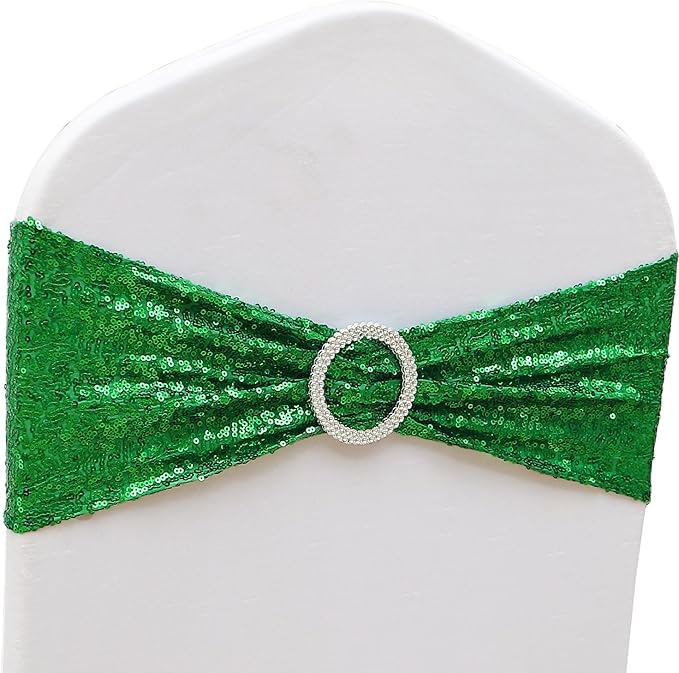 Sequin Green Chair Sashes 100 Pack Glitter Christmas Chair Bows Emerald Green Chairs Bands with Buckles for Wedding Birthday Party Bridal Shower Anniversary Engagement Events Decorations