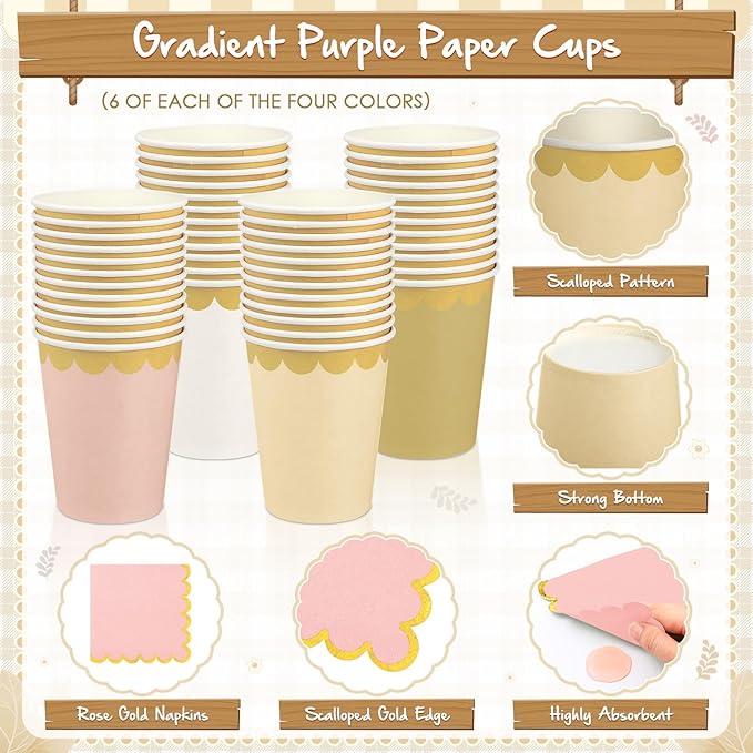 Mimorou 169 Pcs Champagne-gold Beige Plates and Napkins Party Supplies Rose Gold Tableware Include Scalloped Pink Plates Paper Napkin Cup Spoon Fork Knife for Boho Baby Shower, Wedding, Birthday