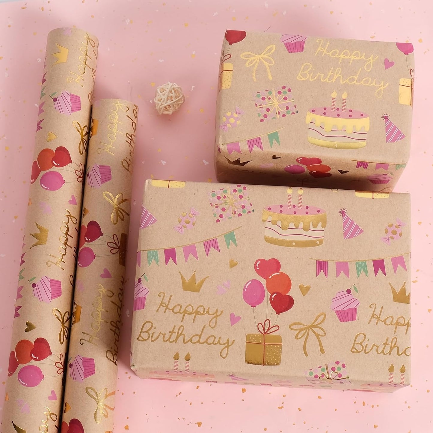 Aimyoo Birthday Wrapping Paper Roll - 17 Inch X 16.4 Feet - Gold Foil Celebration Cake, Gift Box,Happy Birthday Lettering Design Gift Wrap for Kids, Baby Showers