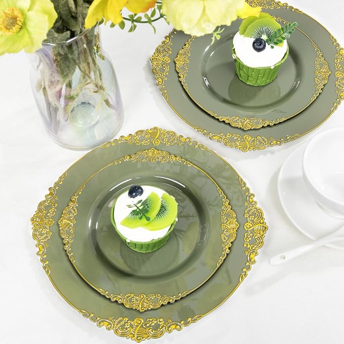 125PCS Olive Green Plastic Plates - Green and Gold Disposable Plates - Vintage Plate with Gold Plastic Silverware Sets for 25 Guests for Wedding & Party & Holiday