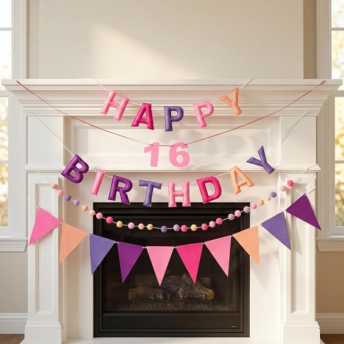 Pre-Strung Felt Happy Birthday Banner Decorations for Women Men | 3D Pink Birthday Party Decorations Sign with Replaceable Numbers 0-9,Multicolor Felt Ball & Triangle Flags Garland (Pink)